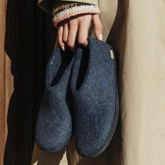 Glerups Felt Shoes Navy Denim Black Wool Slip On Rubber Sole Men's Size 47 US 13 - Picture 2 of 13